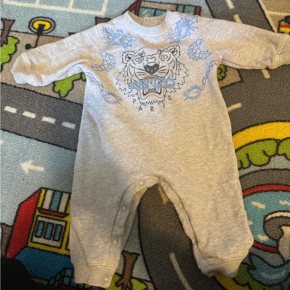 Kenzo Kids Gray Footie with Blue Tiger Motif